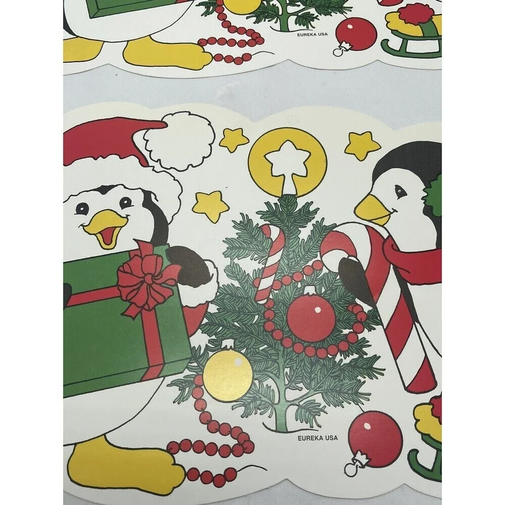 Vintage Eureka 2 Penguins Die Cut Christmas Decorations Double Sided 15” X 8”